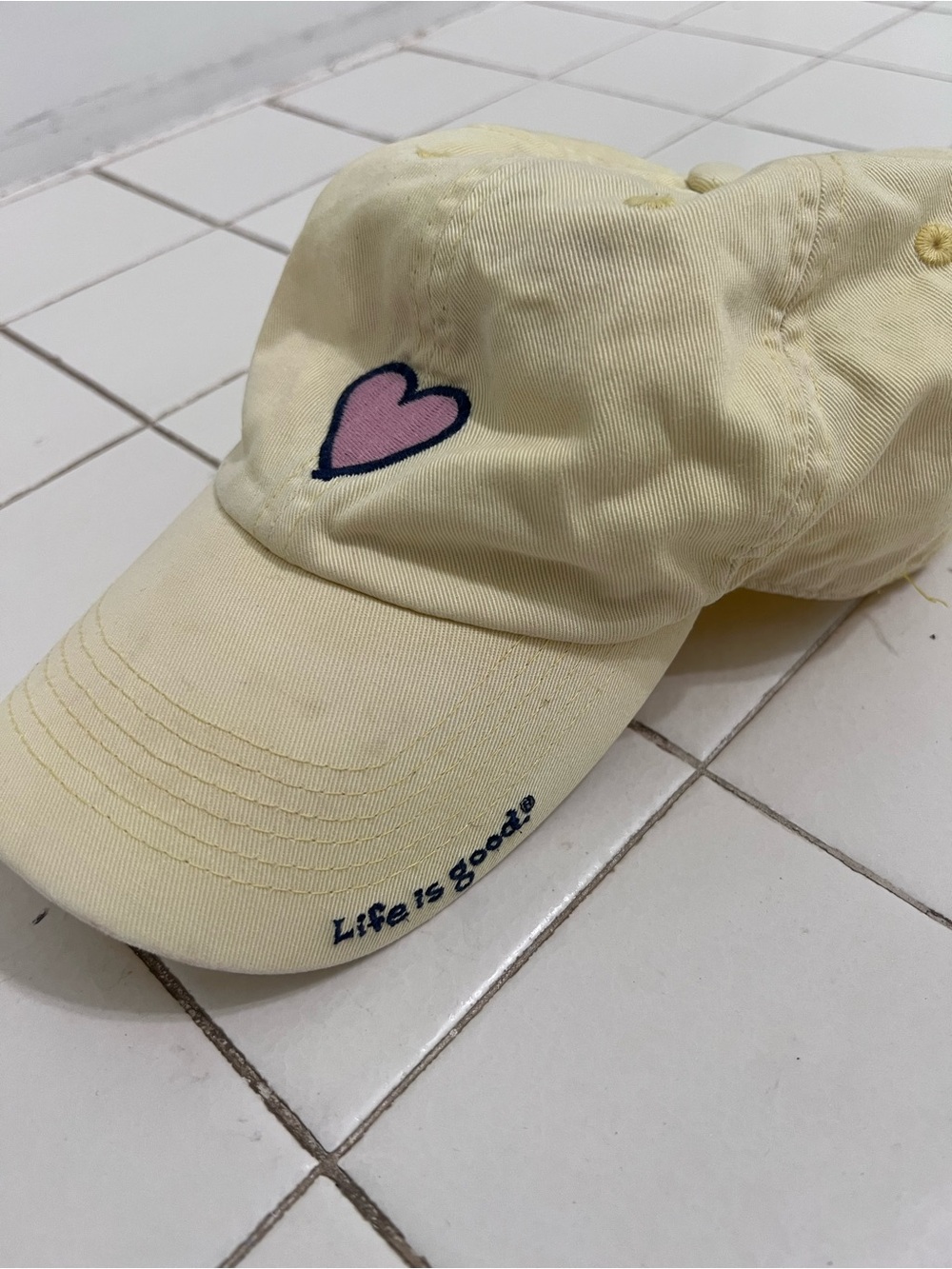 Life Is Good Pale Yellow Baseball Cap with Pink Heart